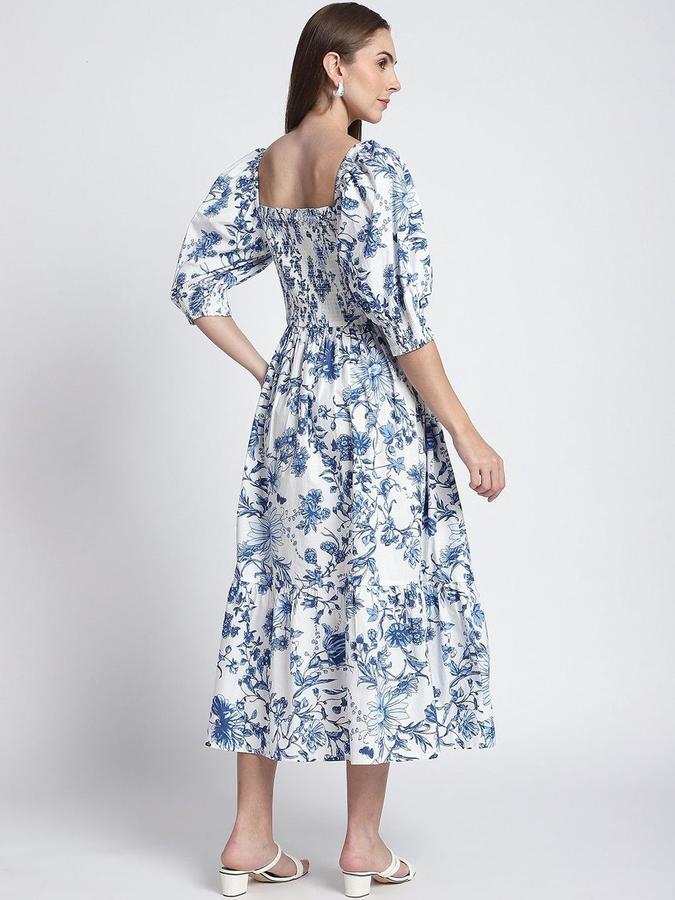 R&B Women Blue Floral Three-Quarter Sleeves Square Neck Midi A-Line Dress