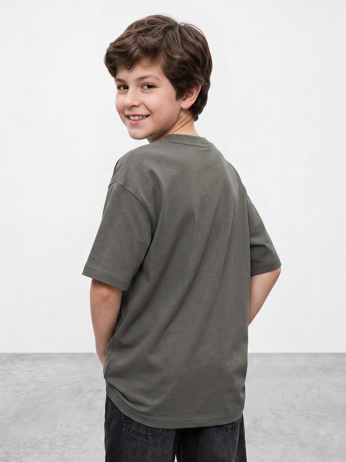 R&B Boys Olive Typography Print Short Sleeves Round Neck Pure Cotton T-Shirt