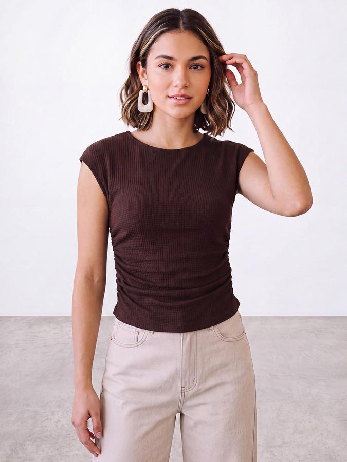 R&B Womens Brown Round Neck Cap Sleeve Solid Top