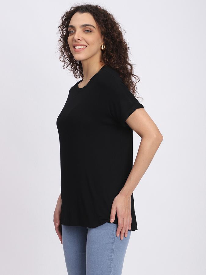 R&B Women Black Solid Fitted T-Shirt