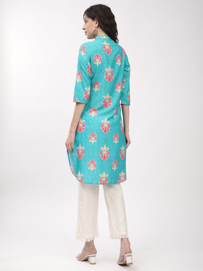 Women's regular fit casual teal floral butta printed kurta with 3/4th sleeves image number 2