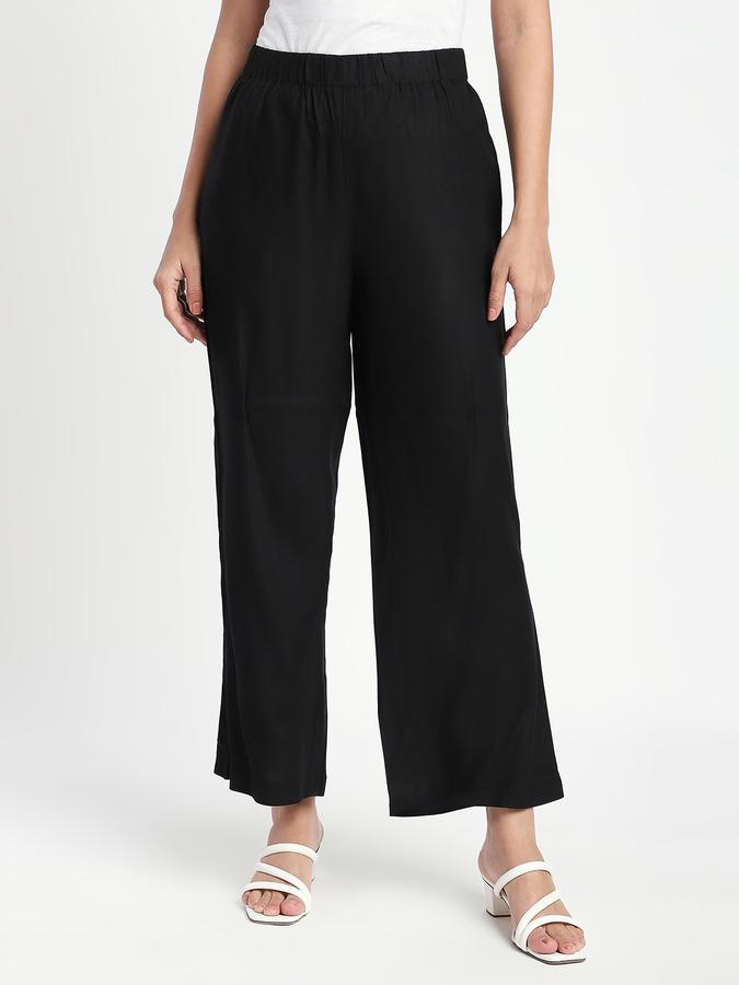 Women Viscose Wide Leg Mid Rise Solid Pants