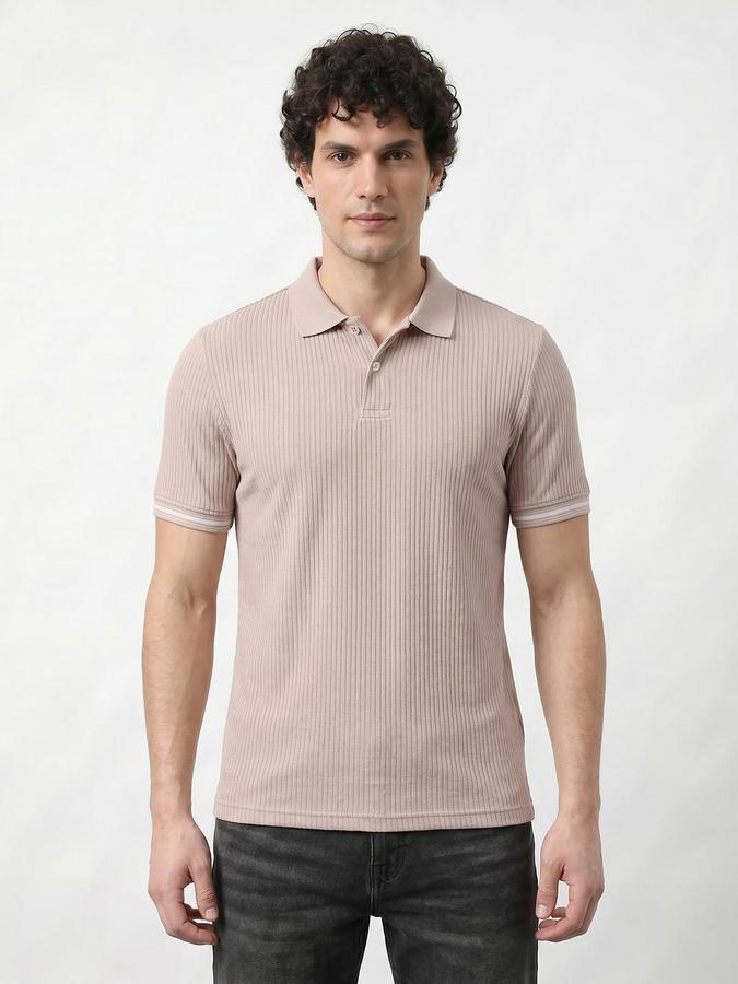 R&B Men's Beige Short sleeve Polo Neck Self Design T-Shirt