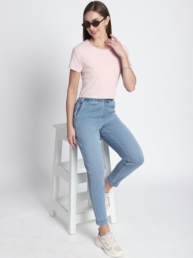 R&B Womens Light Pink Self Design Round Neck Short Sleeves T-shirt
