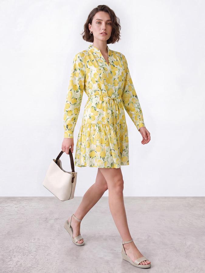 R&B Women Yellow Floral Print Mandarin Collar Cuffed Long Sleeves Fit & Flare Mini Dress