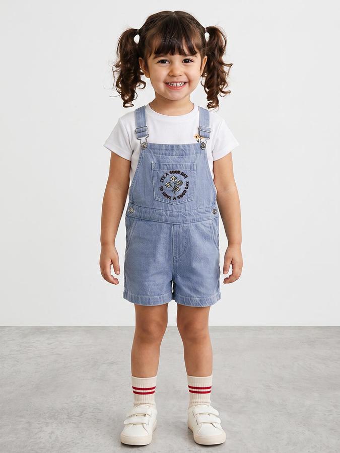 R&B Girls Blue Floral Embroidered Short Dungarees