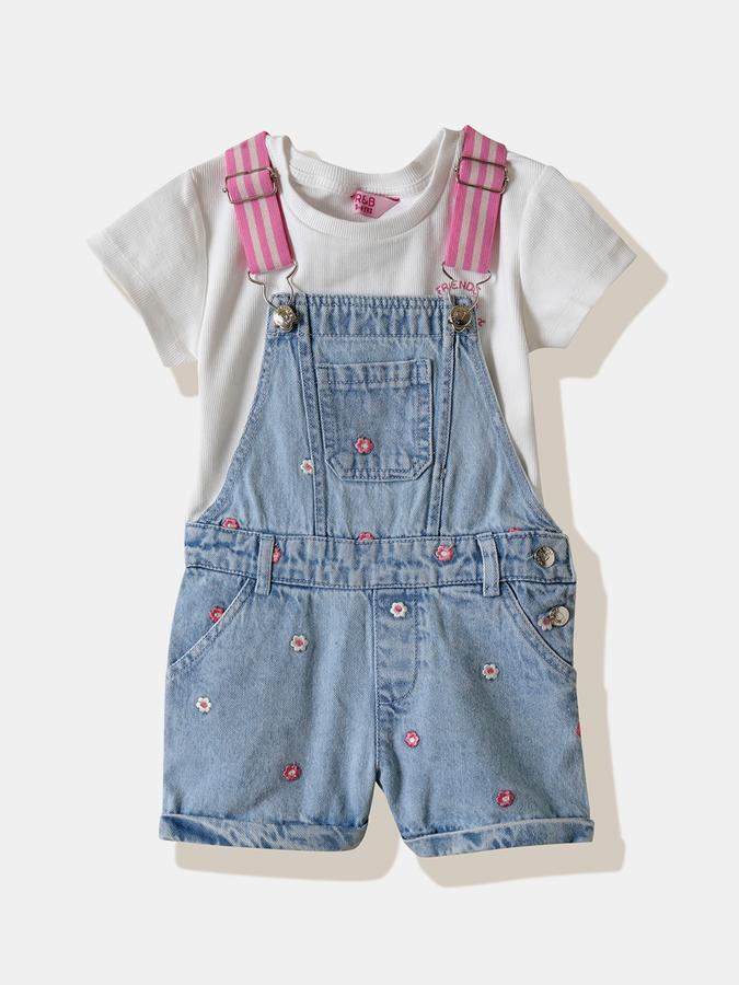 Girls Denim Regular Fit Embroidered Adjustable Strap Dungarees