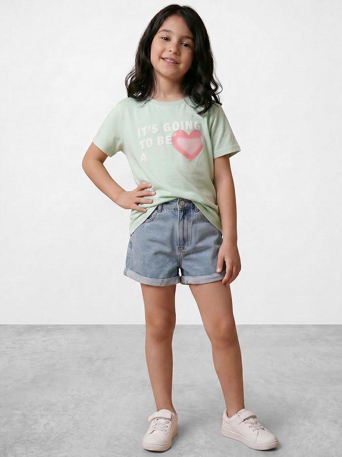 R&B Green Girls Printed Short Sleeves Tshirt