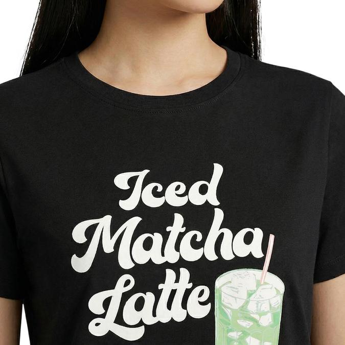 R&B Women Black Cotton Printed Round Neck T-Shirt