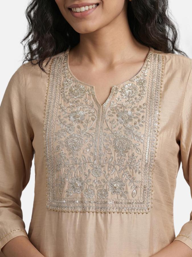 R&B Women Beige Embroidered V-Neck Three-Quarter Sleeves Calf Length Straight Kurta 