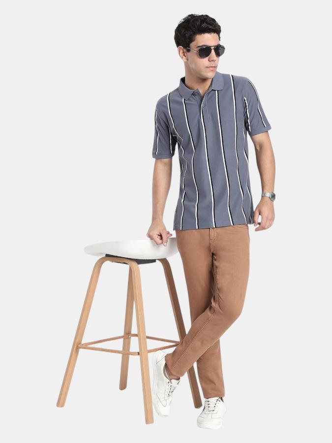 R&B Grey Striped Men Short Sleeve Polo T-shirt