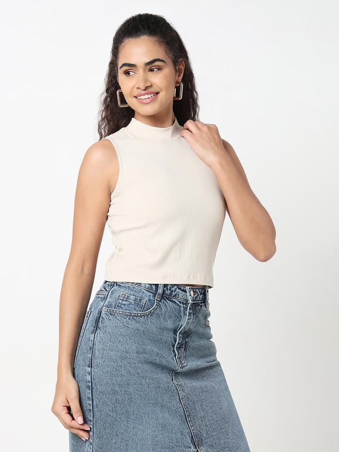 R&B Women Beige Solid Sleeveless Ribbed Top