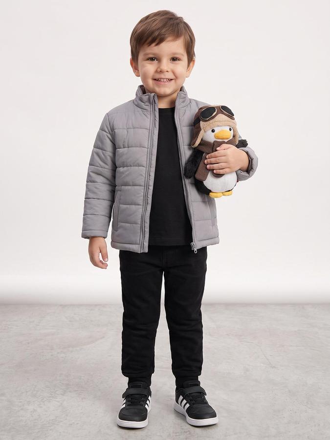 R&B Boys Grey Self Design Mock Collar Long Sleeves Puffer Jacket