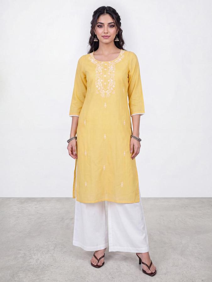 R&B Women Mustard Floral Embriodery Round Neck Three-Quarter Sleeves Straight Kurta