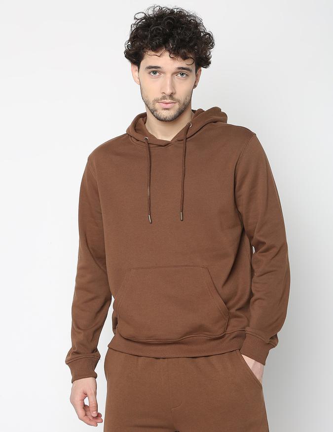 Men Fleece Regular Fit Hooded Solid Sweatshirt