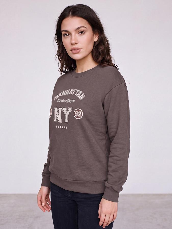 R&B Women Dark Brown Graphic Print Round Neck Long Sleeves Sweatshirt