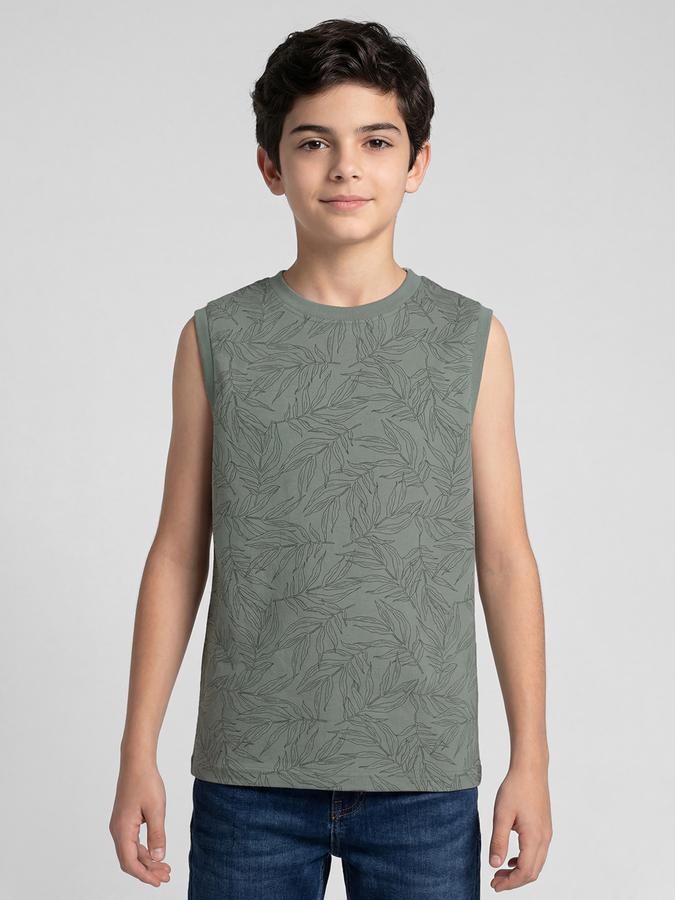 R&B Green Floral Print Boys Round Neck Regular Fit Sleeveless T-Shirt 