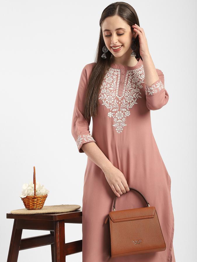 Women Viscose Regular Fit Mandarin Collar Embroidered Kurta