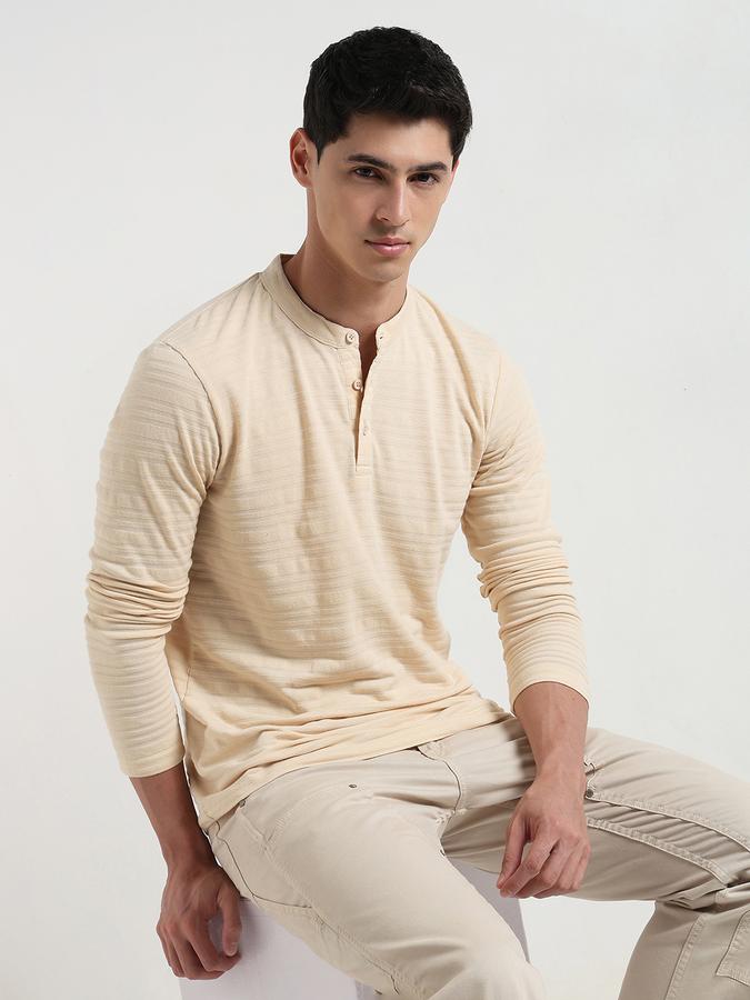 Men Cotton Blend Regular Fit Henley Textured T-shirt