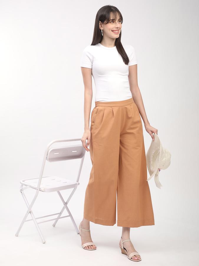 Women Cotton Culottes Elasticated Waist Pleated Trousers