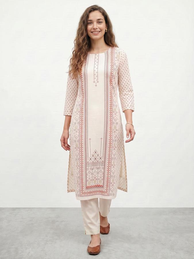 R&B Women Off White Printed Round Neck Three-Quarter Sleeves Calf Length Straight Kurta 