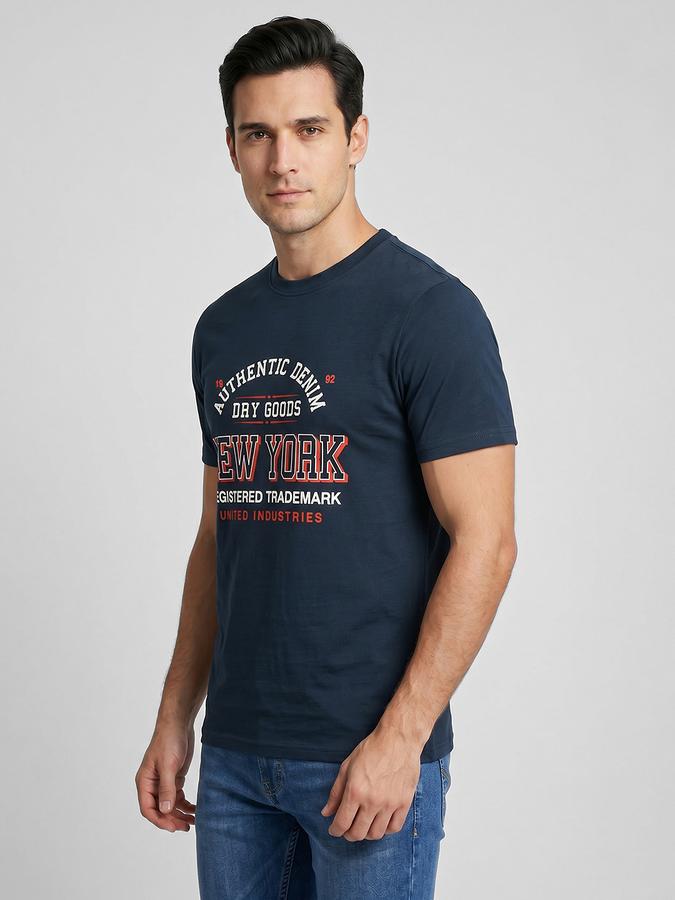 R&B Navy Blue Typography Men Round Neck Regular Fit Short Sleeves T-Shirt 