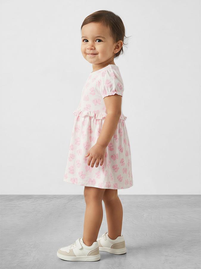 R&B Girl White Butterfly Print Pure Cotton Puff Sleeves Fit and Flare Dress
