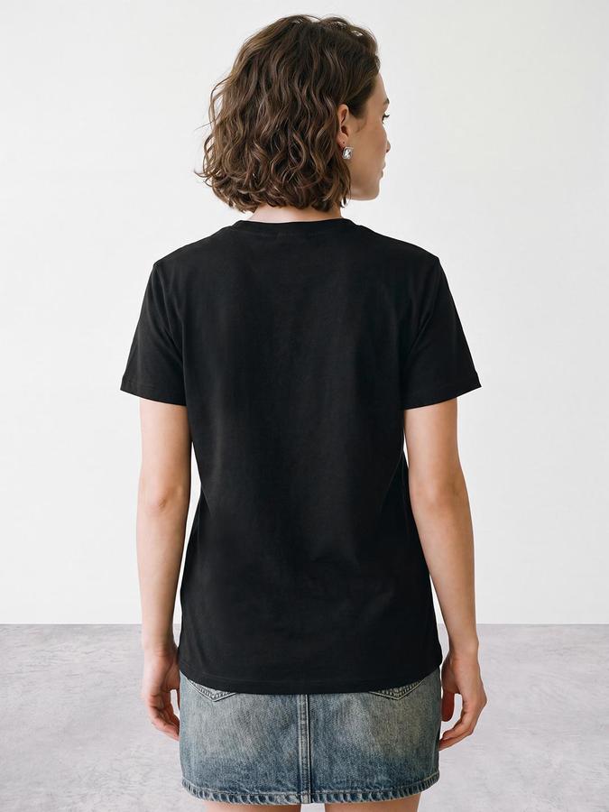 R&B Women Black Short Sleeve Round Neck Typography Graphic Print T-Shirt