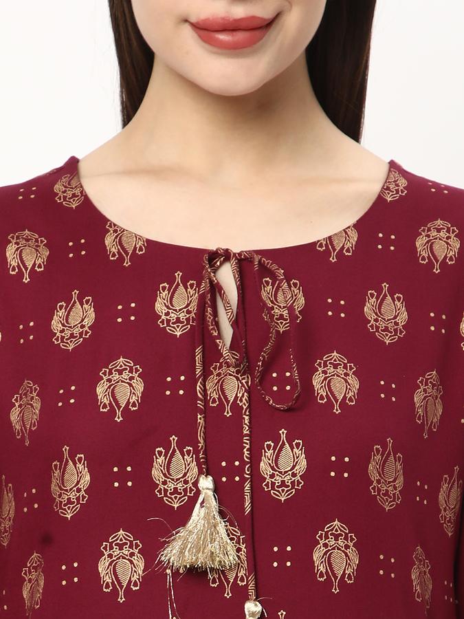 Women Rayon Regular Fit Tie Up Neck Printed Kurta