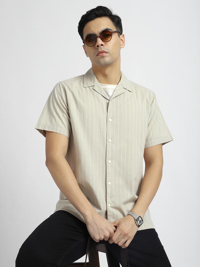 Men Cotton Regular Fit Cuban Collar Striped Shirt