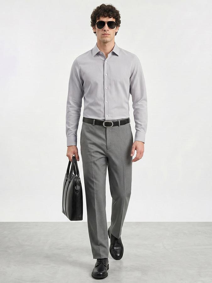 R&B Men Grey Button Down Long Sleeves Textured Shirt