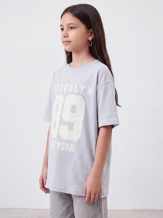R&B Girls Grey Typography Print Short Sleeves Round Neck Pure Cotton T-Shirt