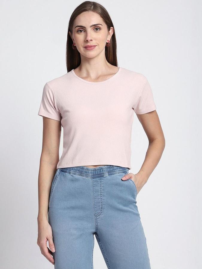 R&B Womens Light Pink Self Design Round Neck Short Sleeves T-shirt