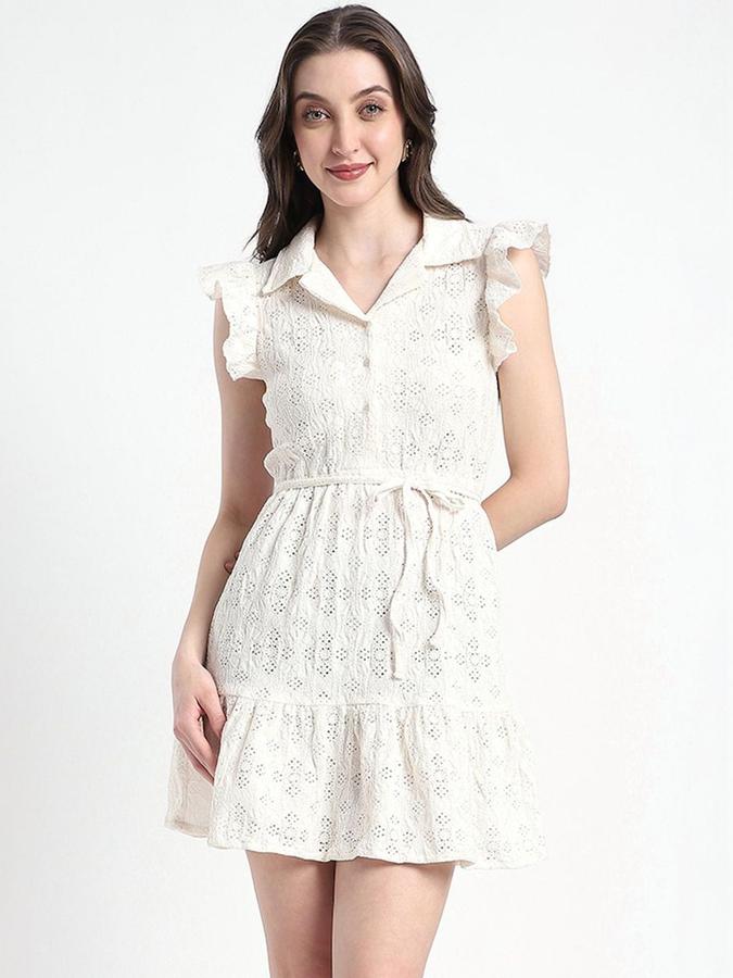 R&B Women Ivory Self Design Sleeveless Lapel Collar Mini Fit &amp; Flare Dress