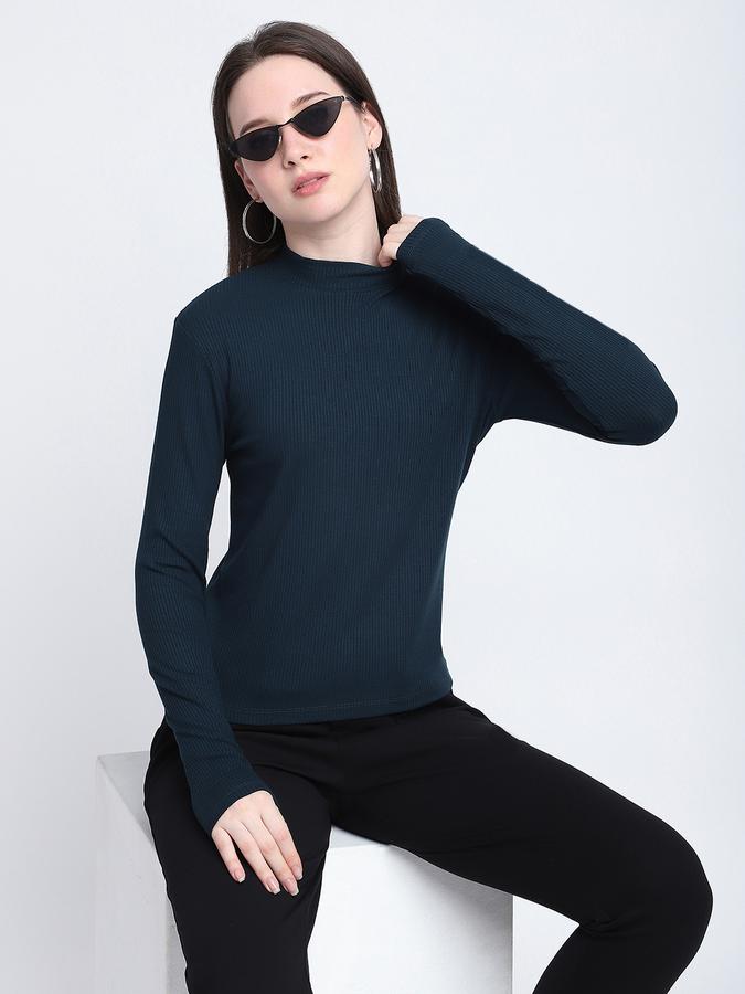 R&B Women Teal Solid High-Neck Top