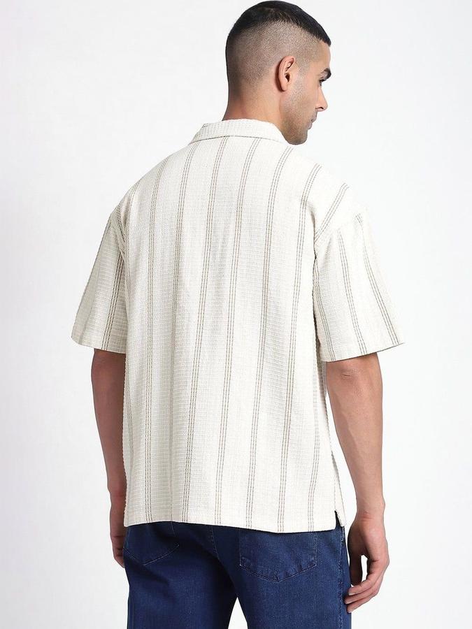 R&B Men Ivory Striped Half Sleeves Cuban Collar Shirt