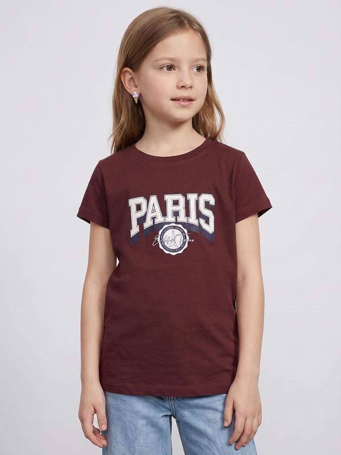 R&B Girls Burgundy Typography Print Short Sleeves Round Neck Pure Cotton T-Shirt