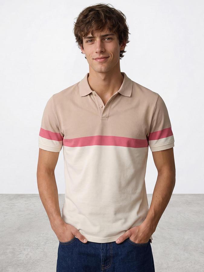 R&B Men Ivory Striped Short Sleeves Polo Collar Pure Cotton T-Shirt