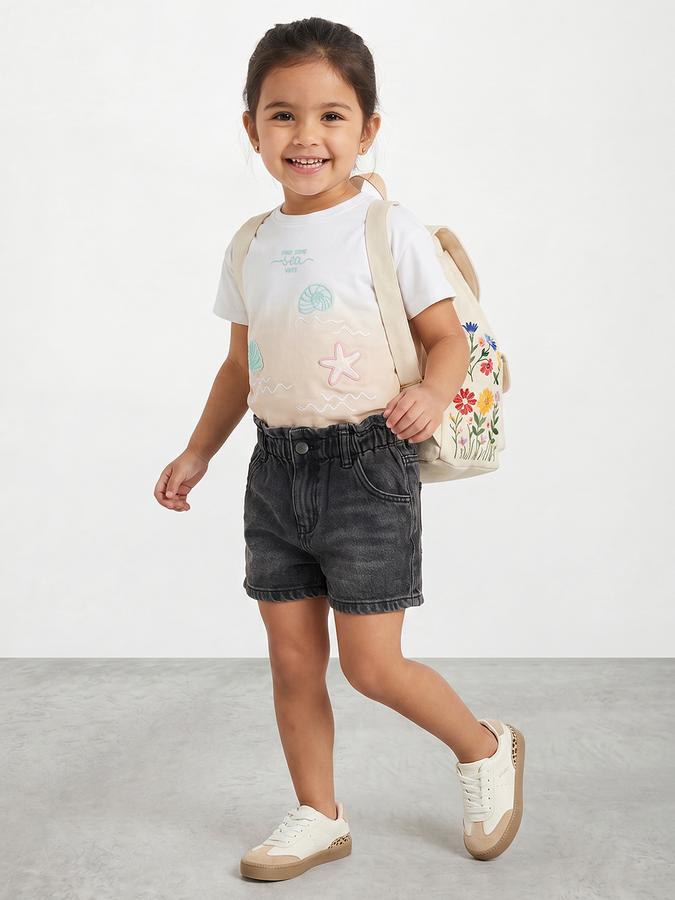 R&B Girls White Regular Fit Embroidered Short Sleeve T-shirt