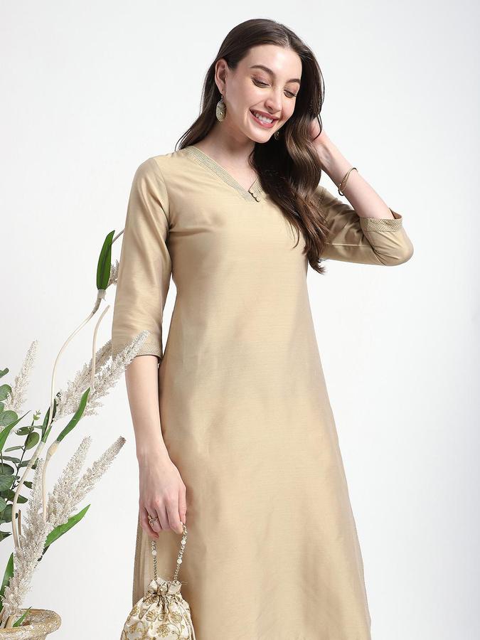 R&B Women Beige Solid V-Neck Knee Length Ethnic Kurta