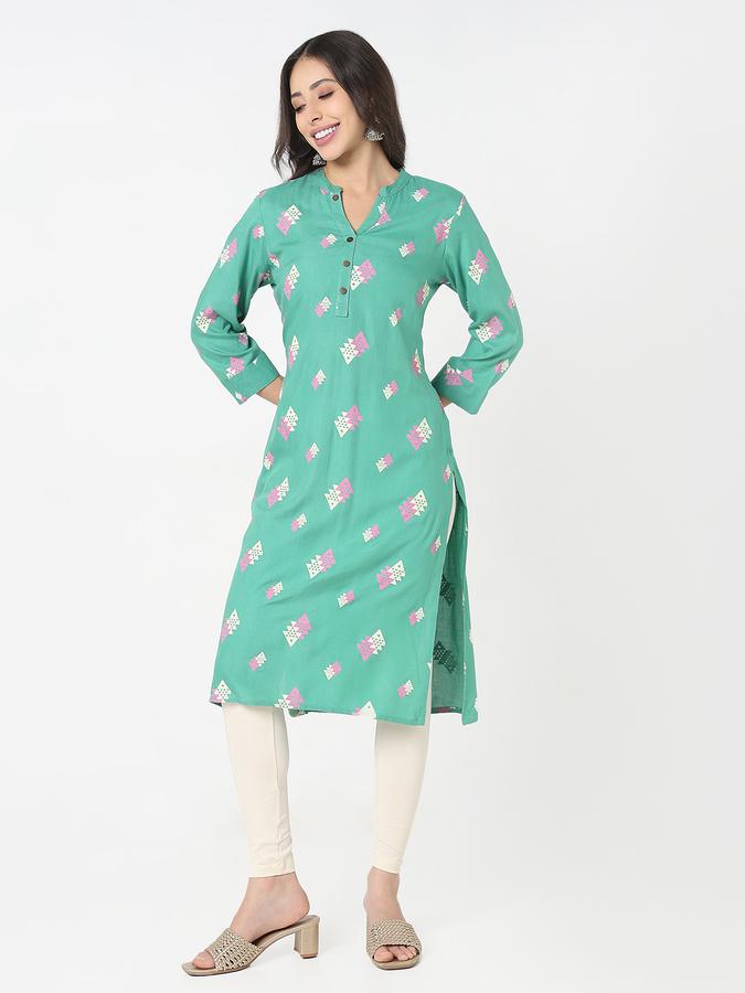 Women's regular fit casual  geometric printed mandarin collar straight kurta with 3/4th sleeves  image number 1