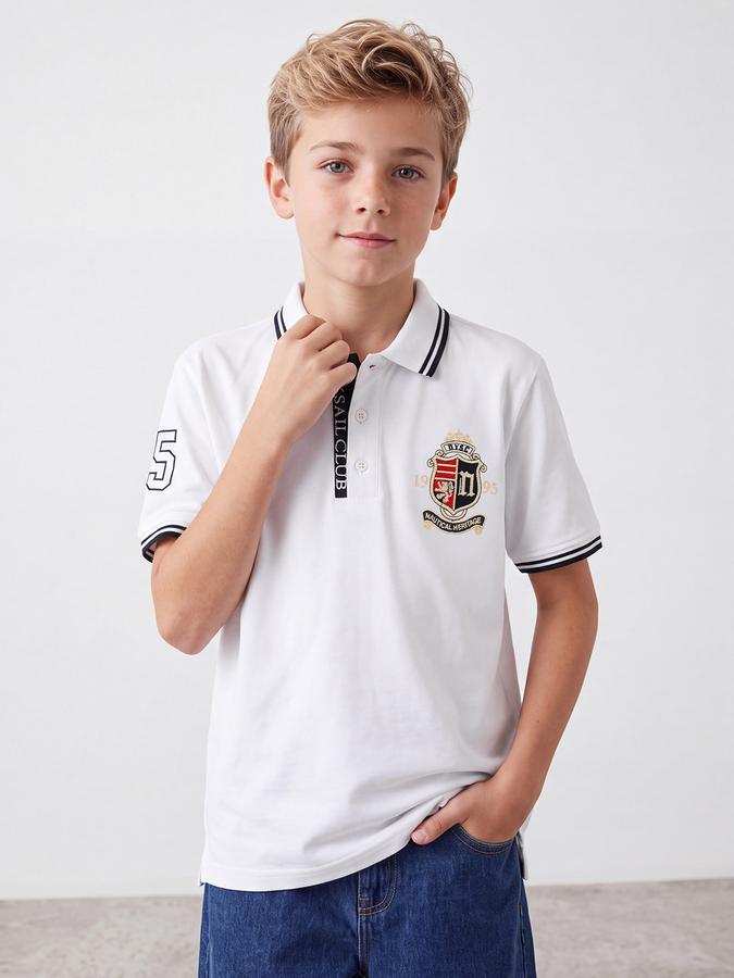 R&B Boys Beige Short sleeve Varsity Club Collegiate Badge Tipping Collar Pure Cotton T-Shirt