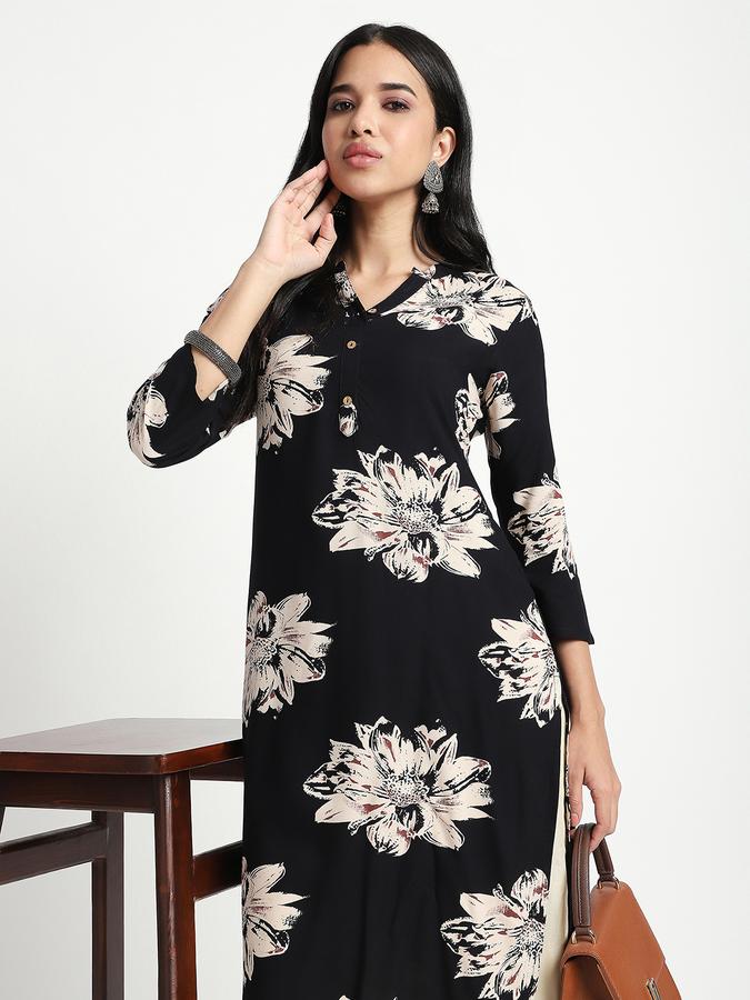 Women Viscose Straight Fit Mandarin Collar Printed Kurta