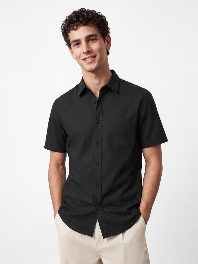R&B Men's Black Short Sleeves Spread Collar Waffle Structure Shirt