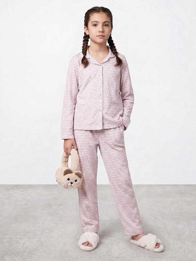 R&B Girls Beige Pure Cotton Floral Print Shirt and Pant Night Suit