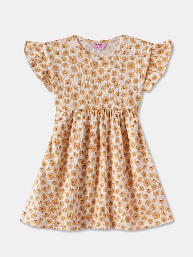 Girls Floral Print Ruffled Sleeve Round Neck A-Line Dress