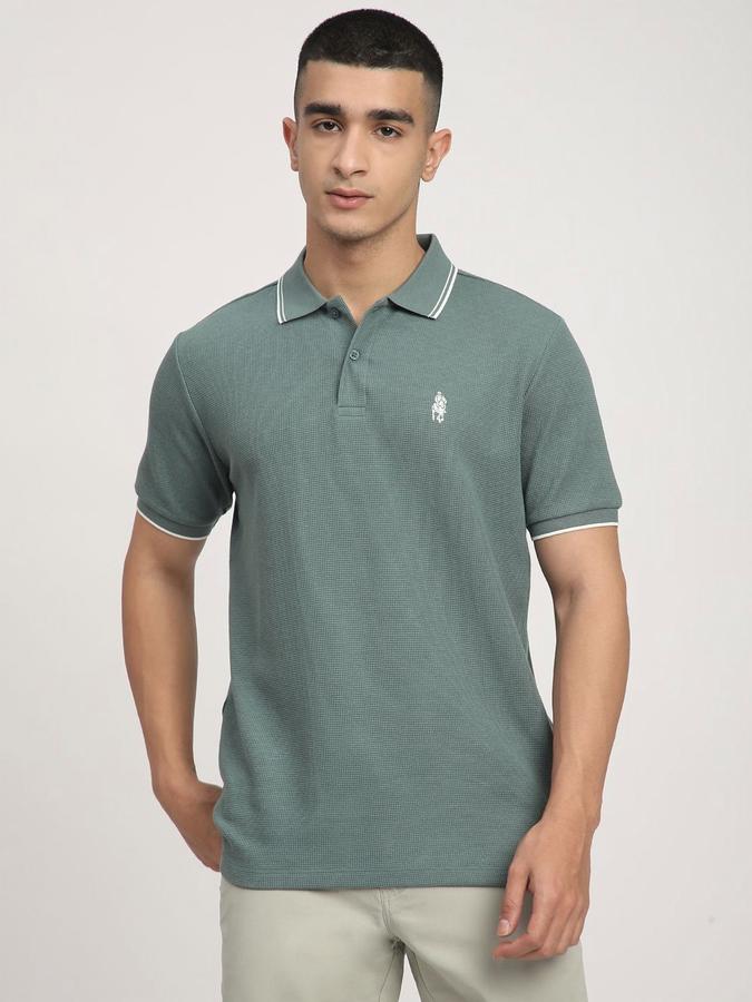 R&B Mens Pine Green Self Design Polo Collar Short Sleeves T-shirt