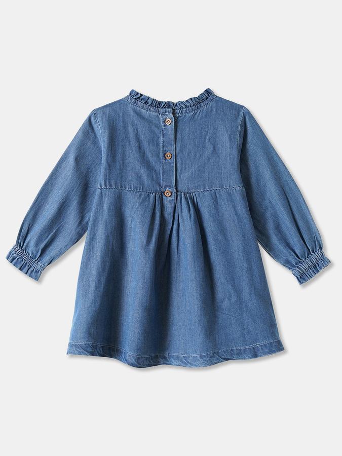 Girls Denim A-Line Ruffled Neck Embroidered Dress