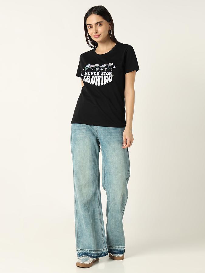 R&B Women Black Floral Graphic T-Shirt