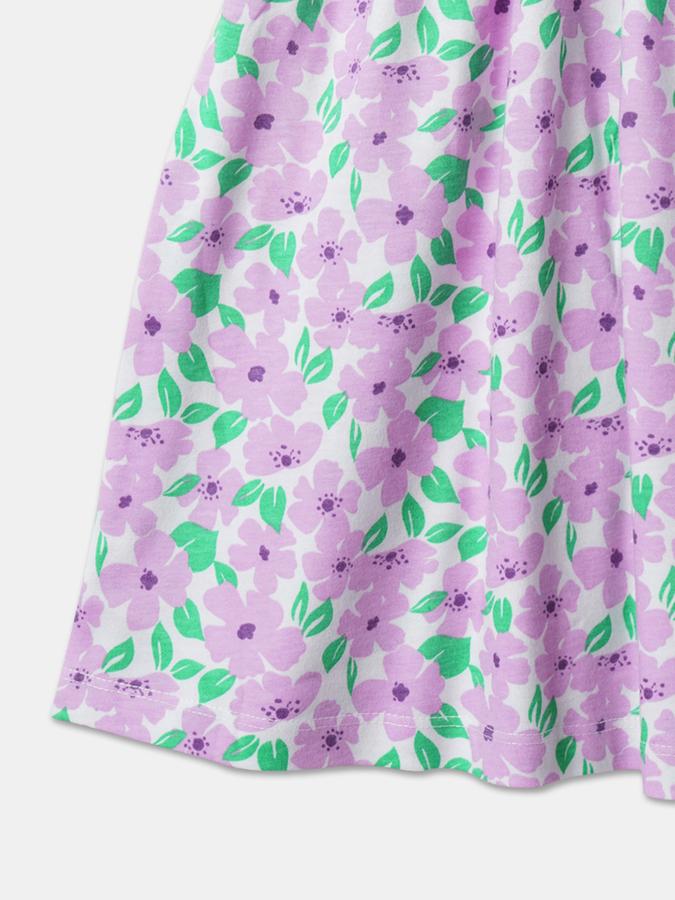 Girls Floral Print Cap Sleeve Round Neck Knee Length Dress